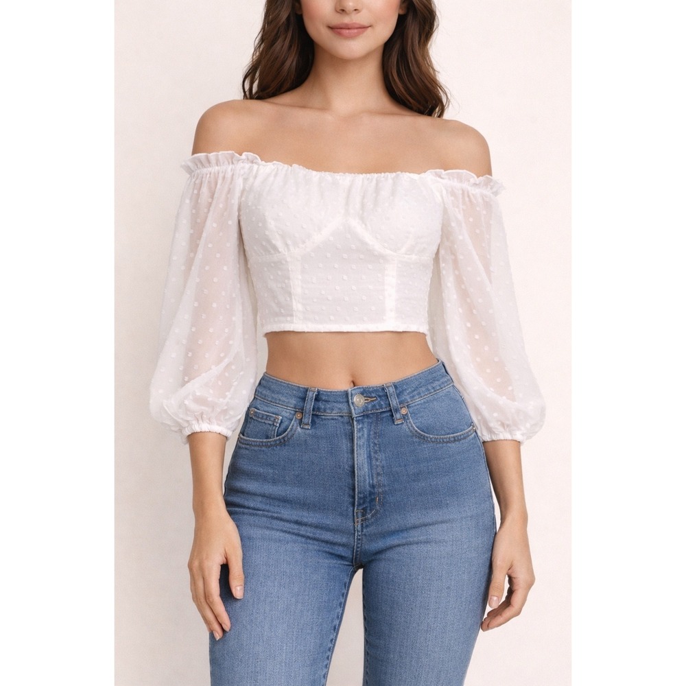 Boho White Swiss Dot Off The Shoulder‎ Long Sleeve Crop Top Women XS Coquette